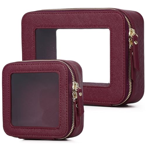 Clear Makeup Bag Set Travel Cosmetic Bag and Toiletry Bag Women's Purse Pouch Cosmetic Stroage Organizer Case with Zipper Car Essentials (Burgundy, M+Mini)