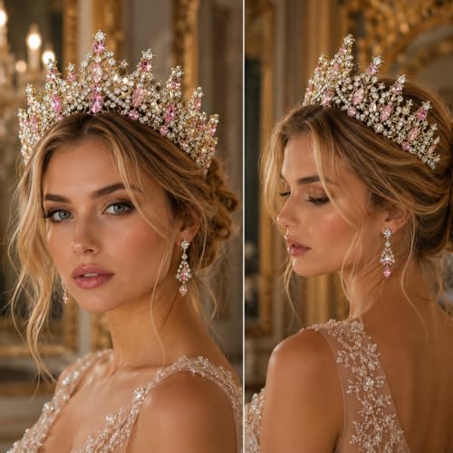 Gold Pink Rhinestone Crown Tiara for Women Wedding
