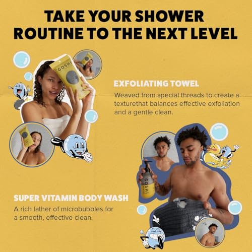 GOSHI Exfoliating Shower Towel and 20 oz Super Vitamin Body Wash for Women and Men - Exfoliating Bath Set for All Skin Types