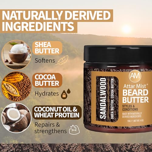 AM Beard Butter Beard Care - Sandalwood Long Lasting Styling and Hydration For a Working Man - Softens and Reduces Itch - Naturally Derived Shea Butter, Cocoa Butter, Coconut Beard Oil for men - 4oz