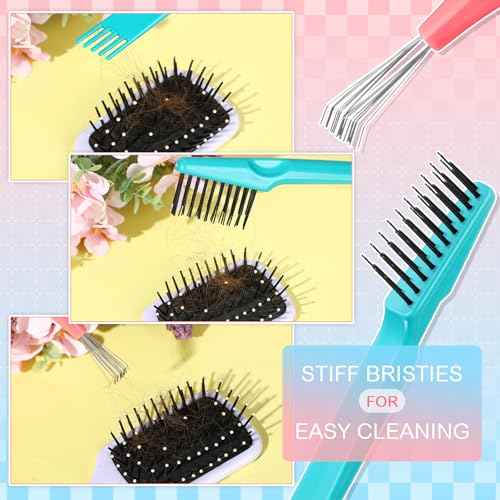 Boao 2 Pieces Hair Brush Cleaning Tool Comb Set Mini Hair Brush Dirt Remover with Metal Wire Rake for Removing Hair Dust Home and Salon Use(Pink and Green)
