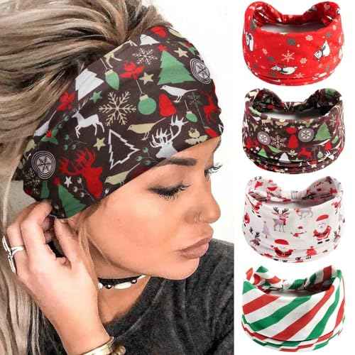 Olbye Christmas Headbands Women Wide Knotted Headband Elastic Nonslip Hairbands Workout Red Head Bands Turban Head Wraps Running Yoga Hair Scarfs Xmas Hair Accessories for Women(Xmas B)