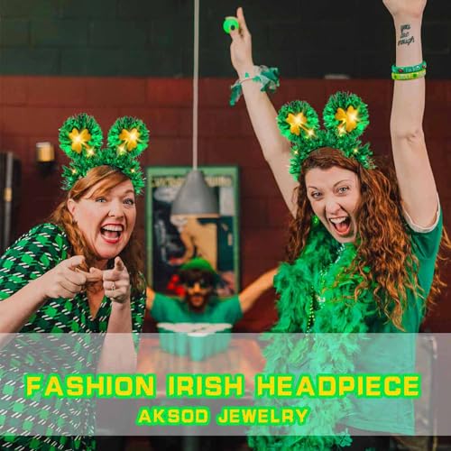 Aksod Light Up St Patricks Day Headbands Green Mouse Ears Headband Glitter Shamrock St Patricks Irish Hair Accessories for Women (Style B)