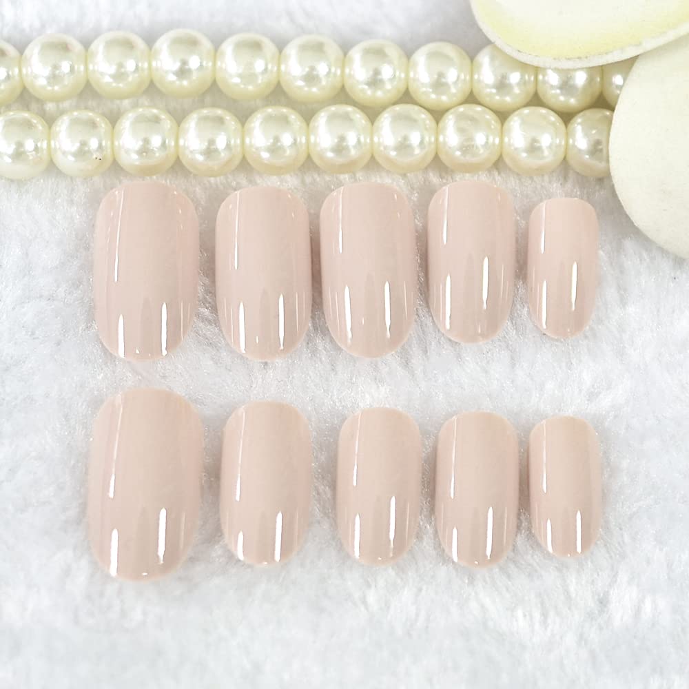 ELEVENAIL Natural Glossy Nude Press On False Nails Short Oval Acrylic Nail Art Tips Salon Women Girls DIY Manicure Daily Reusable Stick On Fake Nails for Daily Office Home Party