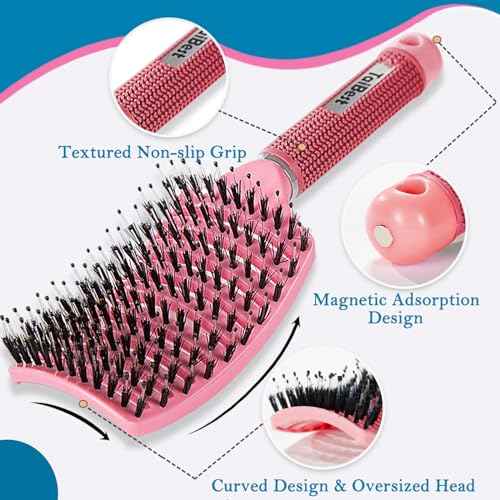 Boar Bristle Brush Set - Dry/Wet Detangler for Fine, Thick, Curly Hair - Curved and Vented Brush for Women, Men or Kids (Green & Apricot Pink)