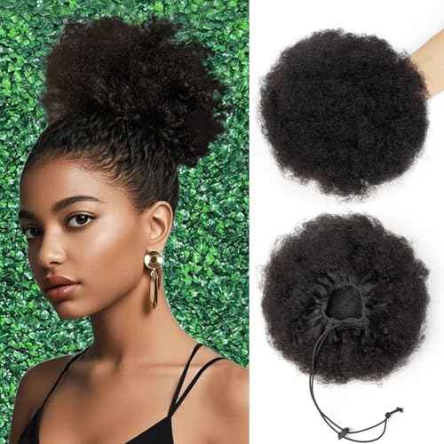Afro Puff Clip On Human hair Drawstring Ponytail for Black Women,Ponytail Extension 8 Inch #1B Natural Black 60g Short Afro Kinkys Curly Afro Bun Extension Hairpiece