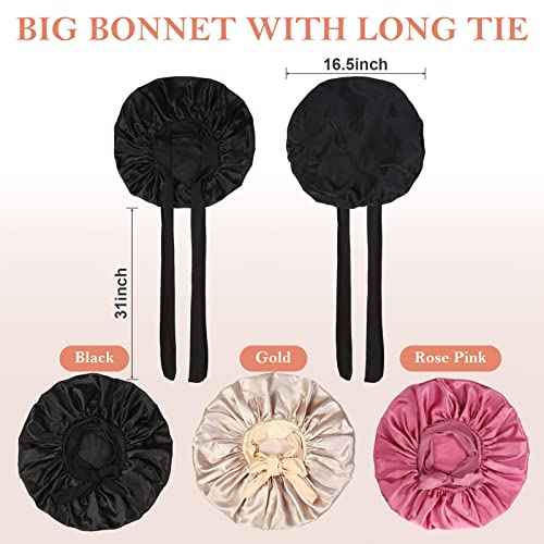 3Pcs Bonnets for Sleeping, Extra Satin Silk Bonnet for Sleeping Women with Tie Band for Curly Hair Jumbo Bonnet Braids