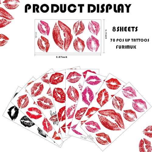 8 Sheets (70PCS) Lip Kiss Temporary Tattoos Stickers Valentines Day Theme Hot Pink Red Halloween Birthday Party Decoration Supplies Favors for Women Girls