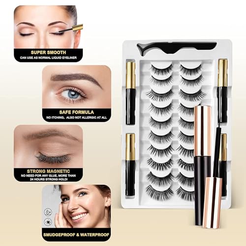 Magnetic Eyelashes - 10 Pairs with Eyeliner & Tweezer
