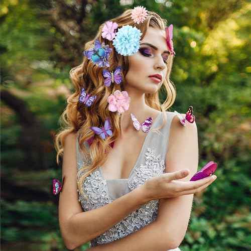 33 Pieces Flower Clip with Butterfly Clip Set Handmade Rose Hair pins Bride Hair Claw Clips Colorful Butterfly Barrettes for Women Girls(Blue Purple)