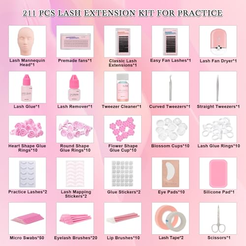 LZM Eyelash Extension Kit for Beginners, Lash Extension Supplies Tech Starter Kit with Everything Tools Stuff Set 1-2S Srtong Hold Glue,Lash Mannequin Head, Remover, Precision Tweezers for Practice