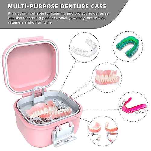 ARGOMAX Leak Proof Denture Bath Cup, Portable Soaking Denture Box, Denture Bath Case with Strainer, for Dentures and Braces (Pink + White).