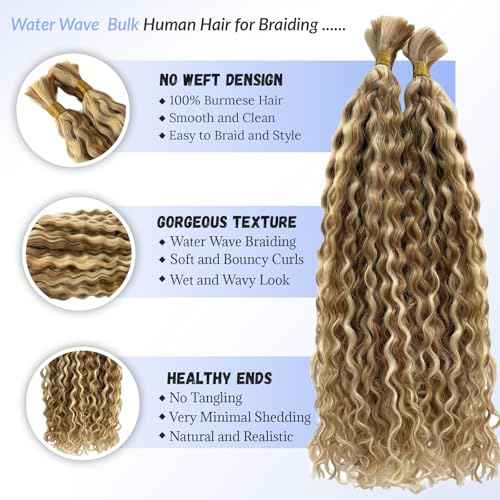 Highlight Human Braiding Hair for Boho Braids, 27/613 Curly Boho Human Hair for Braiding Highlights Blonde Deep Water Wave Bulk Human Hair Color 27 and 613 Bohemian Knotless Braids Two Bundles