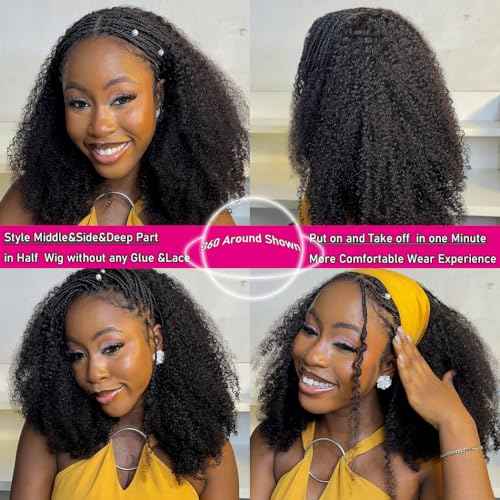 Kinky Curly Half Wig Human Hair 200 Density 3 In 1 Seamless Flip Over Half Wigs Human Hair Glueless Wear and Go Beginner Friendly Kinky Curly Wig Human Hair Drawstring Headband Wig for Women 20 Inch