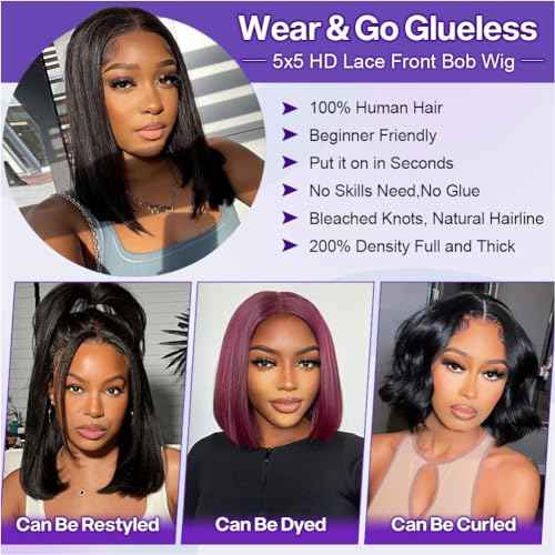 Wear and Go Glueless Bob Wig Human Hair 200% Density 5x5 HD Lace Closure Wigs For Black Women Glueless 5x5 Closure Wigs Human Hair Pre Plucked Bob Black Color 14 Inch