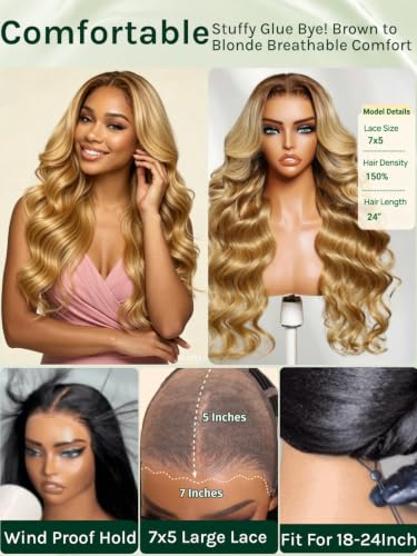 KLAIYI Ombre Honey Blonde Loose Wave 7x5 Lace Front Human Hair Wig 18"