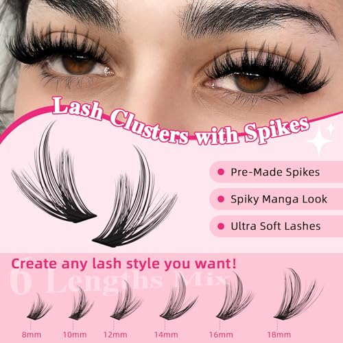 PROLASHBEAUTY Spiky Lash Clusters Manga Lash Clusters Kit 80 Thick Individuals Lashes with Spikes Lash Bond and Seal Lash Remover Lash Tweezer Apply at Home(80D, 8-18mix)