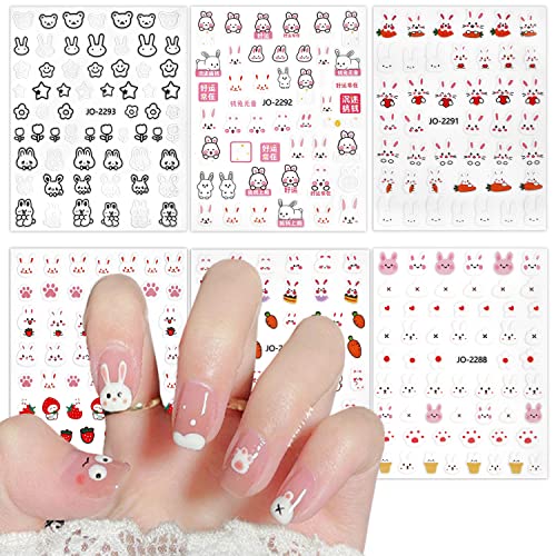 Rabbit Nail Art Stickers, Cartoon Rabbits Nail Self-Adhesive Sticker Design, Holographic Cute Rabbit Nail Art Decals Supplies for Women Girls Manicure Animal Decoration Resin Pet Transfer Decal