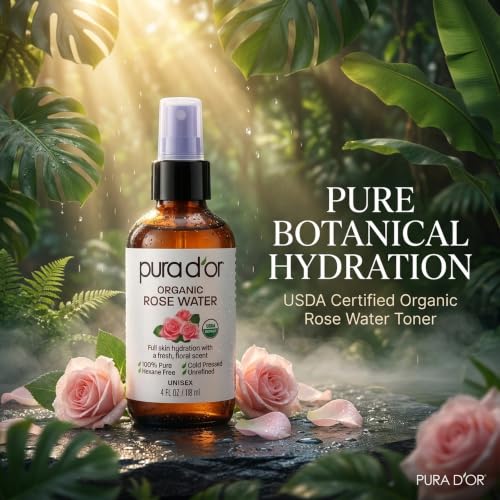 PURA D'OR Organic Rose Water Toner 4 oz | Hydrating Facial Spray