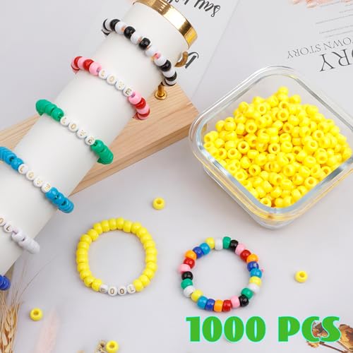 Auvoua 1000Pcs Pony Beads Bracelet 9mm Yellow Plastic Barrel Pony Beads for Necklace,Hair Beads for Braids for Girls,Key Chain,Jewelry Making (Yellow)