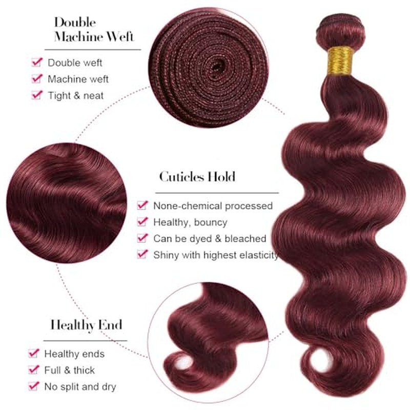 #99J Burgundy Body Wave Human Hair Bundles 22" 3-Pack