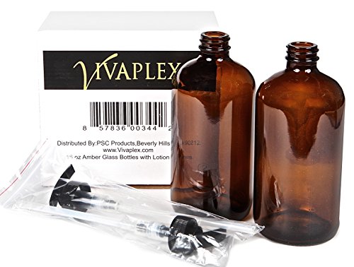 Vivaplex 16 oz Amber Glass Bottles with Black Lotion Pumps, 2 Pack