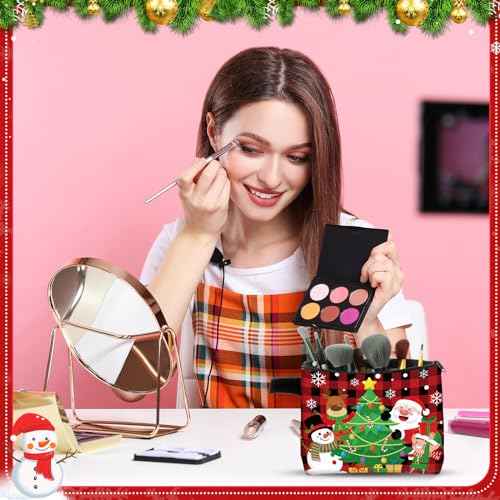 Zonon 6 Pcs Christmas Canvas Makeup Bags Small Cosmetic Bag Set with Zipper Portable, Cute Buffalo Plaid Style Pouch, Pencil Case Set Bulk for Women Student Holiday Travel Xmas Party Gifts Supplies