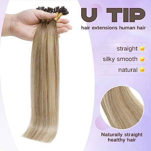 Sindra U Tip Hair Extensions Real Human Hair Color Darker Brown to Highlighted Blonde 20inch 50Grams Prebonded Fusion Keratin Tip Hair Extensions£¨Utip#3/8/22-20inch£©