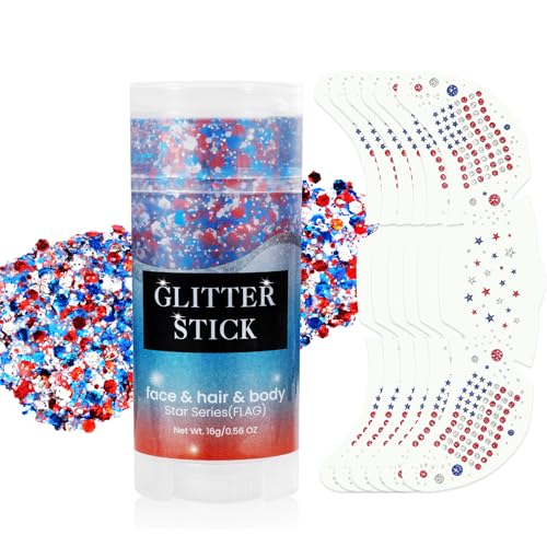 Patriotic Glitter Set - Red White Blue Glitter Stick & Face Tattoos