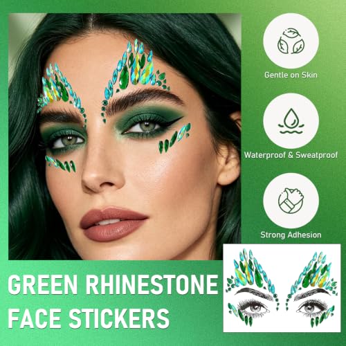 Green Face Gems Rhinestone Stickers - Self-Adhesive Costume Jewelry