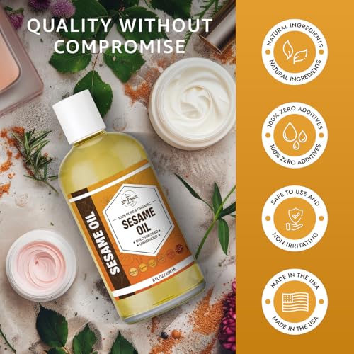 ORGANIC SESAME OIL (8 oz) Premium Cold Pressed Unrefined | 100% Pure Sesame Oil for Skin, Face, Hair, Soap Making | Carrier for Essential Oils | Available in Bulk | 8 FL OZ