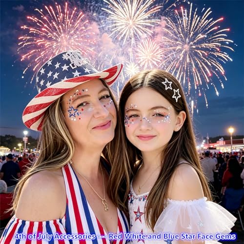 Go Ho 4th of July Star & Round Face Gems, 4 Sheets Self-Adhesive Patriotic Rhinestones – 02 Style