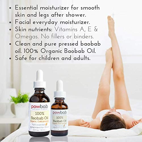 powbab 100% Baobab Oil Cold Pressed, Raw Organic Body Oil for Skin, Hair and Nail Repair. Pure Vitamin E Oil for Scars from Baobab Seeds for Skincare - 2 oz