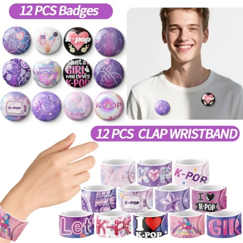 ANONDF 240Pcs Kpop Party Favors: Tattoos, Stickers, Slap Bracelets, Badges, Keychains & Pins (Colorful)
