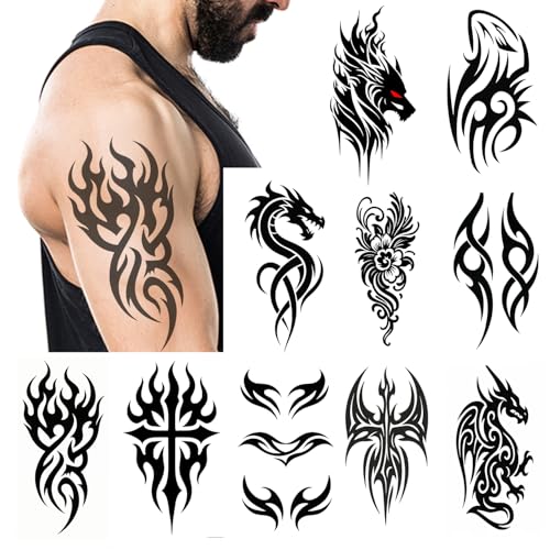 Large Tribal Temporary Tattoos for Men & Women ? 10 Sheets 7.4"x4.7" Black Totem Fake Tattoos, Waterproof Removable Body Art Stickers for Chest, Arms, Shoulders, Legs