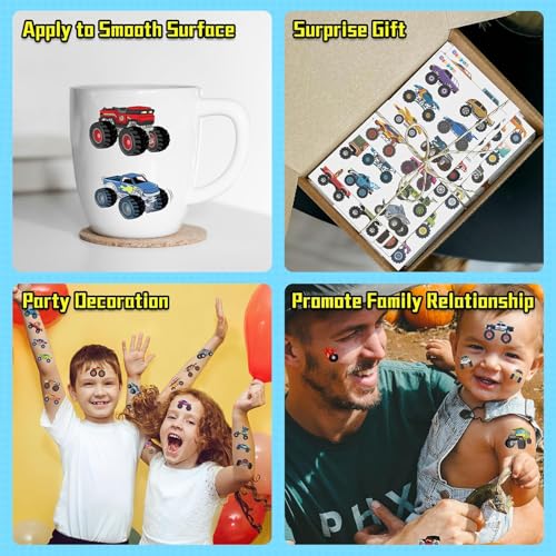 Monster Truck Temporary Tattoos for Kids, 10 Sheets