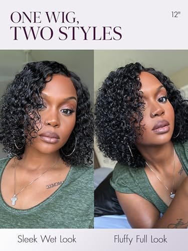 12 Inch LUVME Wet and Wavy Water Wave Short Curly Bob Wig with 5x5 Lace Closure, Side Part, Human Hair