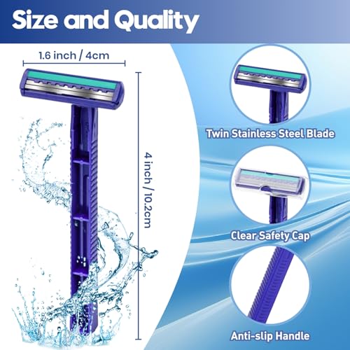 Twin Blade Disposable Razors for Men & Women ? Bulk 60 Pack Stainless Steel Shavers with Lubricating Strip, Safety Cap & Non-Slip Handle for Sensitive Skin, Travel, Hotel, Charity ? Blue