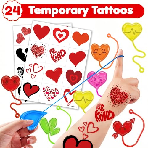 48 Piece Heart Party Favors Set - Sticky Hands & Temp Tattoos