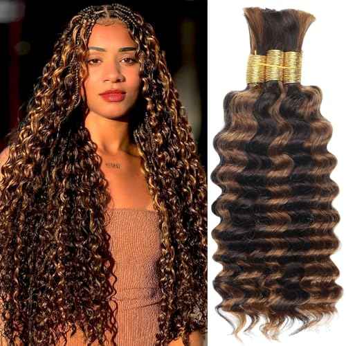 Human Braiding Hair for Boho Braids,150g 14 Inch 3 Bundles Highlight Deep Water Wave Bulk Boho Curly Human Hair Bundle for Braiding,4/30 Ombre No Weft Wet and Wavy Knotless Braiding Hair Extensions