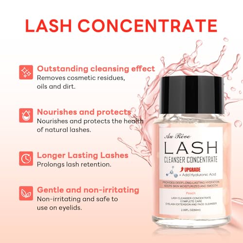 AuReve Lash Shampoo Concentrate 60ml Lash Cleanser Concentrate Add Hyaluronic Acid Oil-Free Lash Extension Shampoo Perfect for Salon，Peach