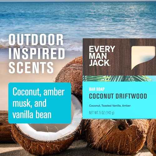 Every Man Jack Cold Processed Mens Bar Soap - Coconut + Driftwood Scent - Deeply Cleans & Hydrates with Shea Butter and Coconut Oil - (3 Pack)