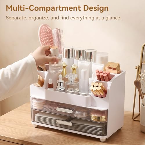 Makeup Organizer with 2 Drawers & 6 Brush Holders | White