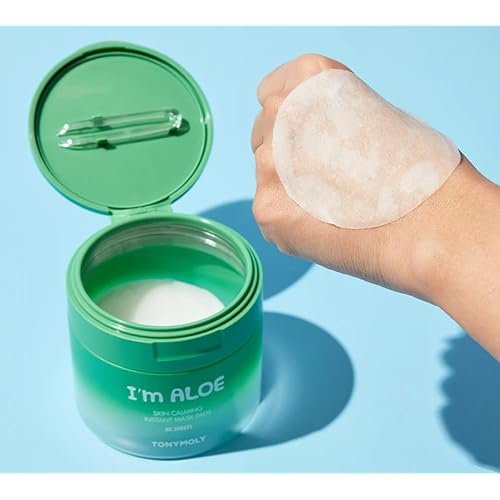 TONYMOLY Green Tea SPF 50 Sunscreen, Lightweight Korean Sunscreen for Face, Non-Greasy & No White cast + I'm Aloe Skin Calming Instant Mask Pads for dry and irritated skin, 80 sheets