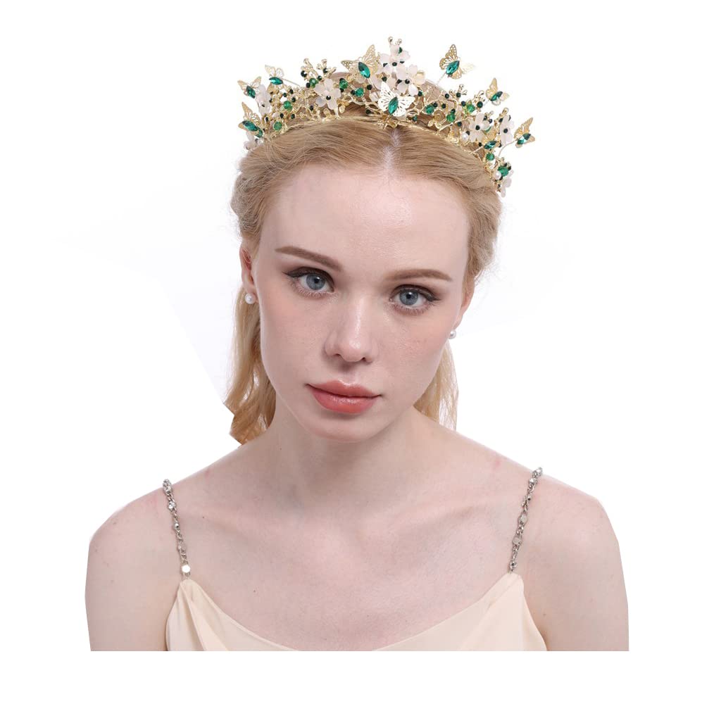 Queen Tiaras and Crown Wedding Bridal Rhinestones Butterfly Flowers Graduation Photography Headpieces Sweet 16 Junior's Headand with Pearls,Green