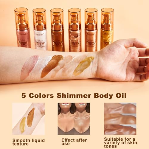 PHOERA Body Shimmer Oil, Body Bronzer Shimmer Oil,Body Glow Oil Shimmer Highlighter Luminizer Body Illuminator with Makup Bursh,Self Tanning Lotion,1oz/Jars (101 Rose Gold)