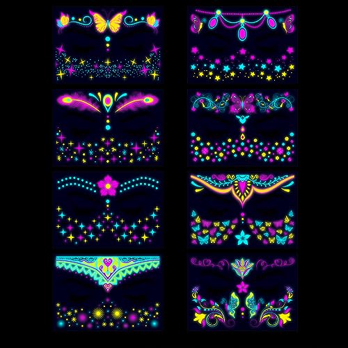 Glow in The Dark UV Temporary Tattoos, 8 Sheet Neon Face Stickers
