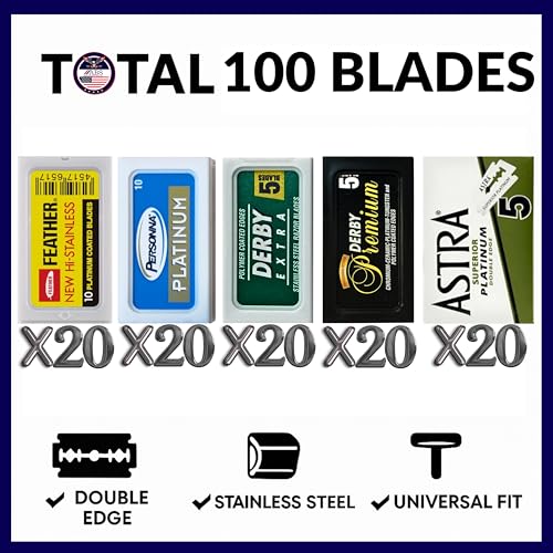 Double Edge Safety Razor Blades Sampler Pack for Men-Includes 4 Top Global Brands: Feather Astra Personna Derby-Comfortable Shaving ?Fits All Double Edge Safety Razors (100)