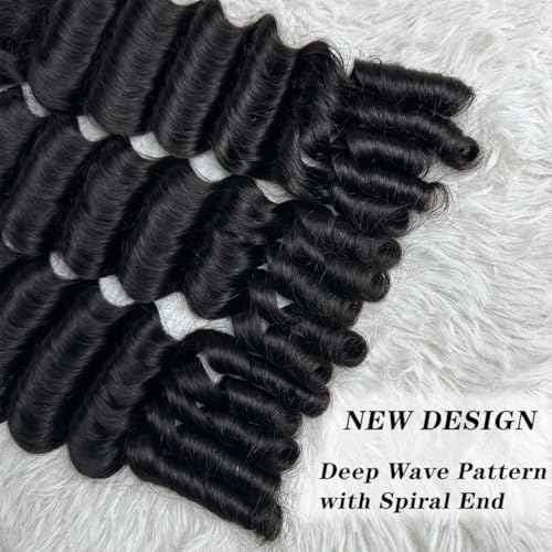 SWEETGIRL Deep Wave Human Hair Bundles Burmese Curly Bundles Human Hair Quick Weave with Spiral End Sew in Hair Extensions 18 20 22 Inches Natural Color