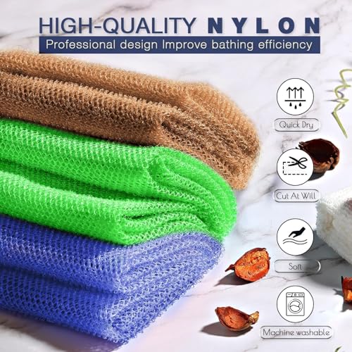 UJFQBH 3-Piece African Bath Sponge Set - Long Net Exfoliating Body Scrubber in Brown, Blue, Green